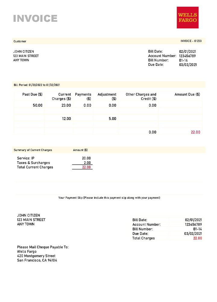 USA Wells Fargo invoice template PSD template